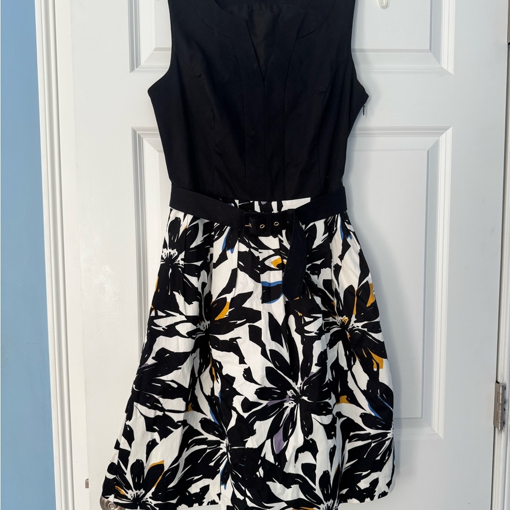 Banana Republic Black & White Floral Fit-and-Flare Dress with Belt